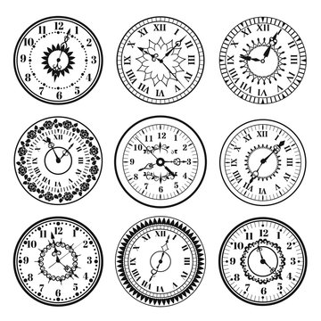 Clock watch alarms black vector icons illustration