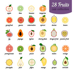 Colorful collection of fruit halves: orange, lemon, apricot and others