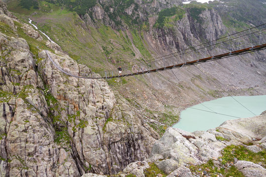 Trift Bridge is the longest pedestrian-only suspension bridge in the Alps, 170 m in length and traversing a height of 100 m. The bridge spans the lake, Triftsee, near Gadmen, Switzerland