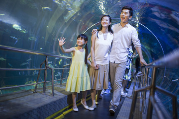 Young family in aquarium