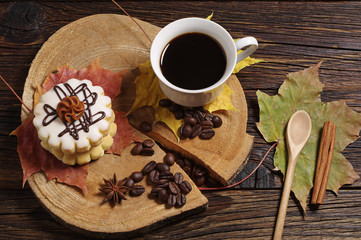Coffee, cake and autumn leaves