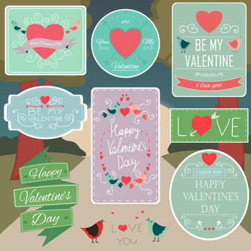 Valentines Day Decorations Vector Design Elements. Typographic elements, Symbols, Icons, Vintage Labels, Badges, Ornaments and Ribbon. 