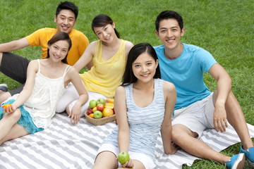 young people having picnic on meadow