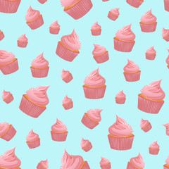 Seamless pattern with pink cupcake on blue background. EPS10 vector illustration