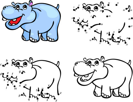 Cartoon hippo. Vector illustration. Coloring and dot to dot game