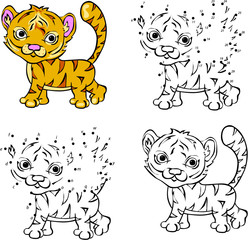 Cartoon tiger. Vector illustration. Coloring and dot to dot game