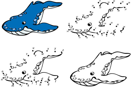 Cartoon whale. Vector illustration. Coloring and dot to dot game