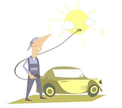 Ecological fuel. Man fueling a car using energy of the sun