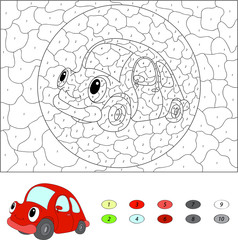 Color by number educational game for kids. Cartoon red car. Vect