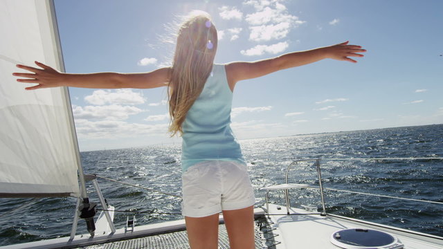 Travel Tourism Advertisement Cute Caucasian Girl Sailing Luxury Boat Ocean Sun