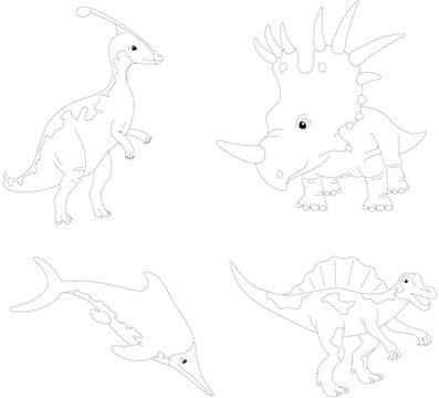 Set of parasaurolophus, styracosaurus, ichthyosaurus and spinosa