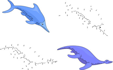 Obraz premium Cartoon ichthyosaurus and pliosaurus. Vector illustration. Dot t