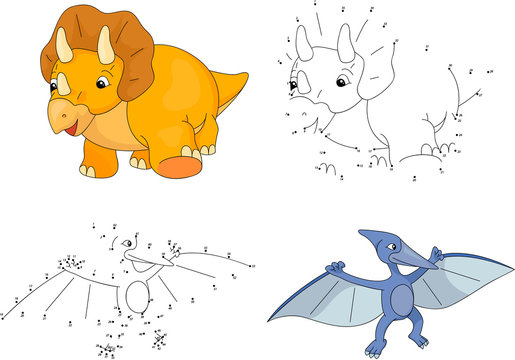 Cartoon Triceratops and pterodactyl. Vector illustration. Dot to