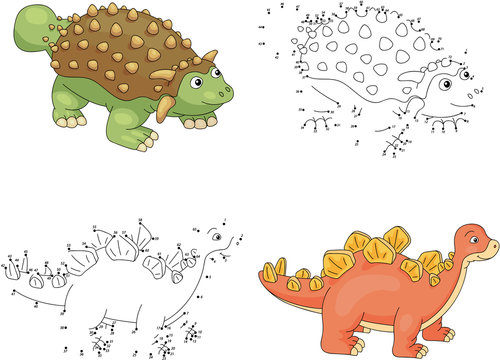 Cartoon ankylosaurus and stegosaurus. Vector illustration. Dot t