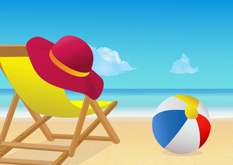 Summer accessories: sun hat, deck chair and beach ball on tropical beach. Rear view. Summer vacation concept background. EPS10 vector illustration