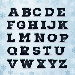 Winter black latin alphabet with snow cap effect. Part 1. Letters. EPS 10 vector illustration, transparent shadow