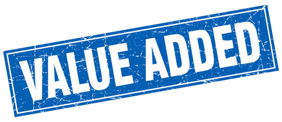value added blue square grunge stamp on white