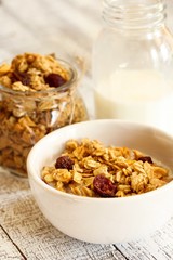 Granola breakfast, selective focus