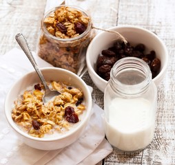 Granola breakfast, selective focus