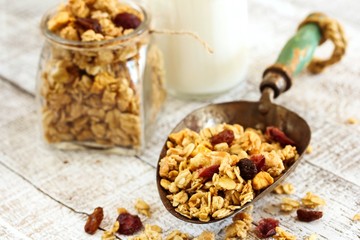 Granola breakfast, selective focus