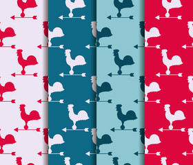 Set of seamless patterns. Weather vane rooster. Vector.