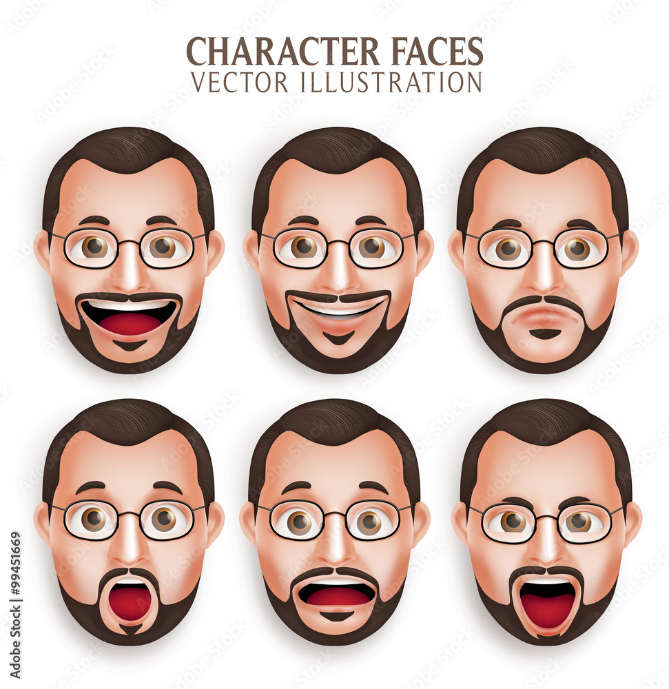 Poster set of 3d realistic old beard man head with different facial expression isolated in white background