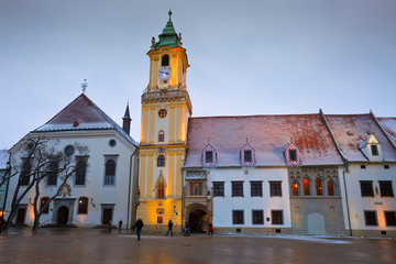 View of the old city hall in Bratislava main square, Slovakia.