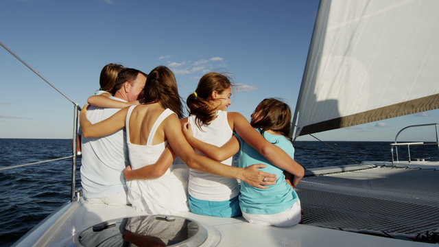 Young Caucasian Sisters Holiday Parents Group Tourism Yacht Sailing 