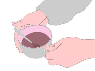 A man tries to keep warm Cup of hot drink.