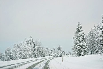 Snow covered road in Finland on the Arctic pole circle