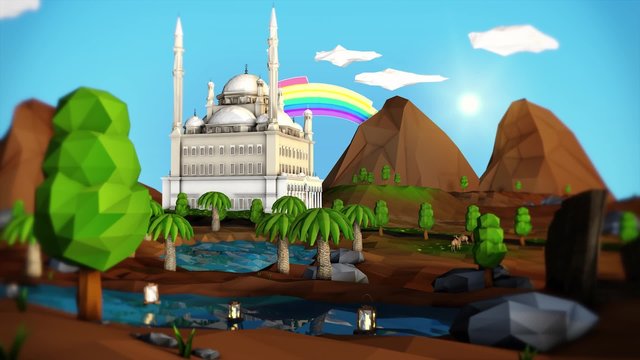 Eid Mubarak and Ramadan Karim Loop animation in a new green and cartoon style as a low poly modeling with animated objects such as rainbow, water, lanterns, and birds. 