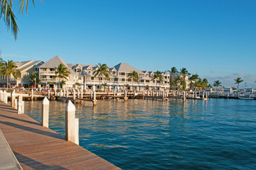 Palme, case, tipica architettura di Key West, molo, motoscafo, Key West, isole Keys, Florida,...