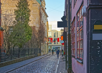 Street view of Christmas installation in the Old city of Riga 
