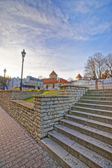 Street view of stairs and Tower in the Old city of Tallinn in Estonia