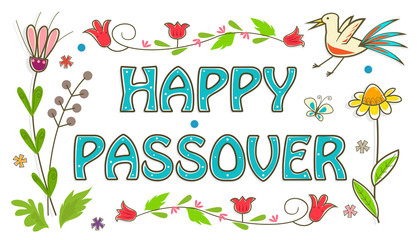 Colorful Passover Sign - Floral banner with happy Passover text in the center. Eps10
