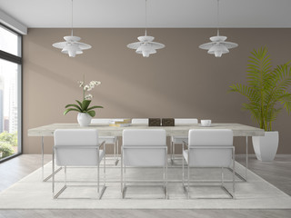 Interior of modern design dining room with palm 3D rendering
