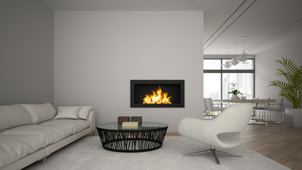 Interior of modern  loft with fireplace and white sofa 3D render