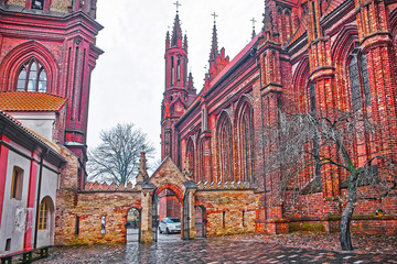 Tree and entrance at Church of St Anna and Church of the Bernardine in Vilnius