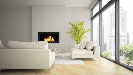 Fototapeta premium Interior of modern loft with fireplace and palm 3D rendering 2