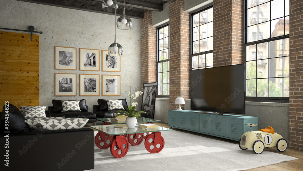 Wall mural interior of modern design loft with black sofa 3d rendering 2