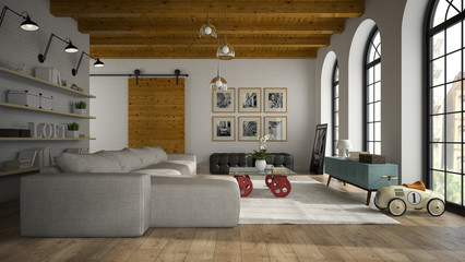 Interior of modern design loft with toy car 3D rendering