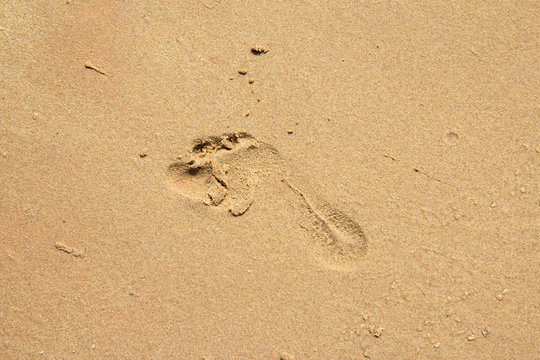 Child foot step on sand