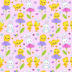 Seamless pattern spring with cute bunny and chicken.