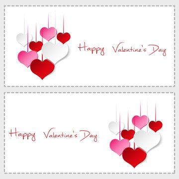 two happy valentine cards with hanging colorful hearts eps10
