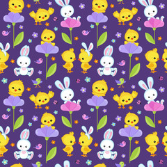 Seamless pattern spring with cute bunny and chicken.