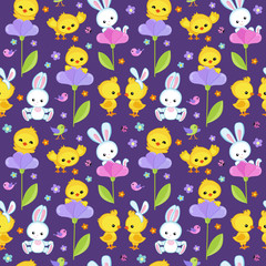 Seamless pattern spring with cute bunny and chicken.
