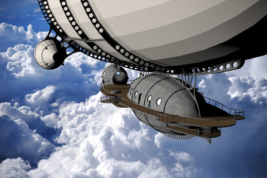 a computer rendered illustration of a blimp flying in the clouds