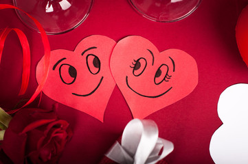 Valentine's happy hearts .Red matte background . Top view.