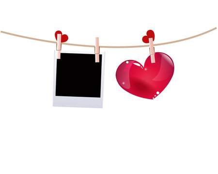 Hanging red lingerie with hearts and blank photo vector background