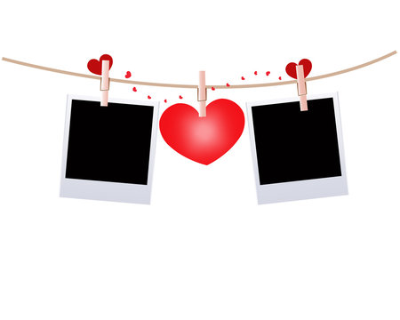 Hanging red lingerie with hearts and blank photo vector background